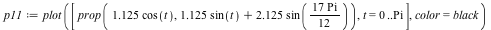 `assign`(p11, plot([prop(`+`(`*`(1.125, `*`(cos(t)))), `+`(`*`(1.125, `*`(sin(t))), `*`(2.125, `*`(sin(`*`(`+`(`*`(17, `*`(Pi))), `/`(1, 12))))))), t = 0 .. Pi], color = black))