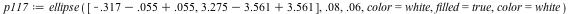 `assign`(p117, ellipse([`+`(`+`(-.317, -0.55e-1), 0.55e-1), `+`(`+`(3.275, -3.561), 3.561)], 0.8e-1, 0.6e-1, color = white, filled = true, color = white))