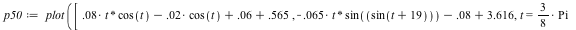 `assign`(p50, plot([`+`(`+`(`*`(0.8e-1, `*`(t, `*`(cos(t)))), `-`(`*`(0.2e-1, `*`(cos(t)))), 0.6e-1), .565), `+`(`+`(`-`(`*`(0.65e-1, `*`(t, `*`(sin(sin(`+`(t, 19))))))), `-`(0.8e-1)), 3.616), t = `+`...
