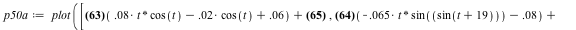 `assign`(p50a, plot([`+`(`*`(.5, `+`(`*`(0.8e-1, `*`(t, `*`(cos(t)))), `-`(`*`(0.2e-1, `*`(cos(t)))), 0.6e-1)), 1.981), `+`(`*`(.5, `+`(`-`(`*`(0.65e-1, `*`(t, `*`(sin(sin(`+`(t, 19))))))), `-`(0.8e-1...