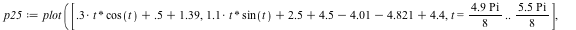 `assign`(p25, plot([`+`(`+`(`*`(.3, `*`(t, `*`(cos(t)))), .5), 1.39), `+`(`+`(`+`(`+`(`+`(`*`(1.1, `*`(t, `*`(sin(t)))), 2.5), 4.5), `-`(4.01)), -4.821), 4.4), t = `*`(`+`(`*`(4.9, `*`(Pi))), `/`(1, 8...