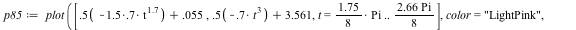 `assign`(p85, plot([`+`(`*`(.5, `+`(`-`(`*`(`*`(1.5, .7), `*`(`^`(t, 1.7)))))), 0.55e-1), `+`(`*`(.5, `+`(`-`(`*`(.7, `*`(`^`(t, 3)))))), 3.561), t = `*`(`*`(1.75, `/`(1, 8)), `*`(Pi)) .. `*`(`+`(`*`(...