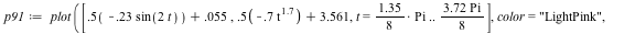 `assign`(p91, plot([`+`(`*`(.5, `+`(`-`(`*`(.23, `*`(sin(`+`(`*`(2, `*`(t))))))))), 0.55e-1), `+`(`*`(.5, `+`(`-`(`*`(.7, `*`(`^`(t, 1.7)))))), 3.561), t = `*`(`*`(1.35, `/`(1, 8)), `*`(Pi)) .. `*`(`+...