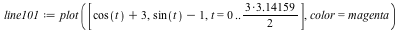 `assign`(line101, plot([`+`(cos(t), 3), `+`(sin(t), `-`(1)), t = 0 .. `+`(`*`(`/`(1, 2), `*`(`*`(3, 3.14159))))], color = magenta))