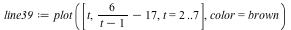 `assign`(line39, plot([t, `+`(`/`(`*`(6), `*`(`+`(t, `-`(1)))), `-`(17)), t = 2 .. 7], color = brown))