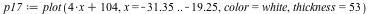 `assign`(p17, plot(`+`(`*`(4, `*`(x)), 104), x = -31.35 .. -19.25, color = white, thickness = 53))